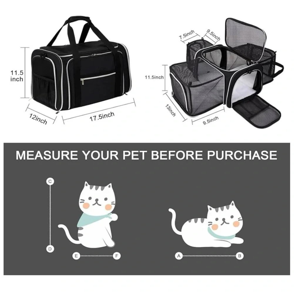 Black Foldable Mesh Cat Carrier Travel Bag with Multiple Openings